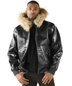 Pelle Pelle Crocodile Leather Men Black Jacket Fur Hood.