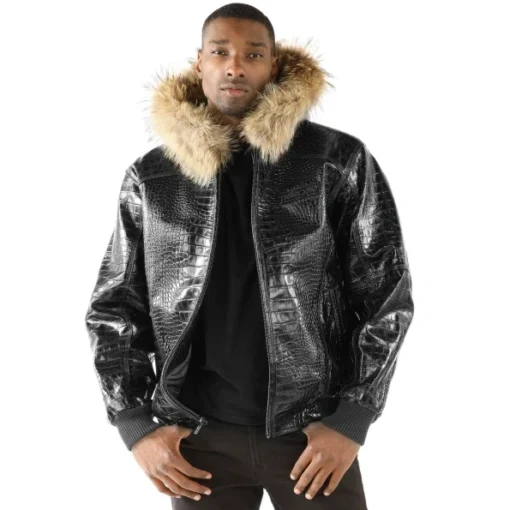 Pelle Pelle Crocodile Leather Men Black Jacket Fur Hood.