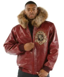 Pelle Pelle Maroon MB Crest Fur Hood Jacket Leather Jacket.