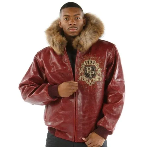 Pelle Pelle Maroon MB Crest Fur Hood Jacket Leather Jacket.