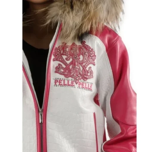 Pelle Pelle White Pink Women Leather Jacket Fur Hood.