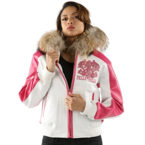 Pelle Pelle White Women Leather Jacket Fur Hood.