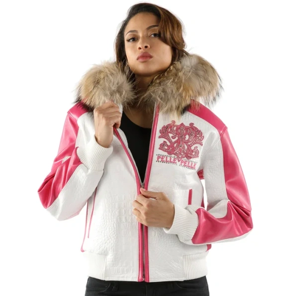 Pelle Pelle White Women Leather Jacket Fur Hood.